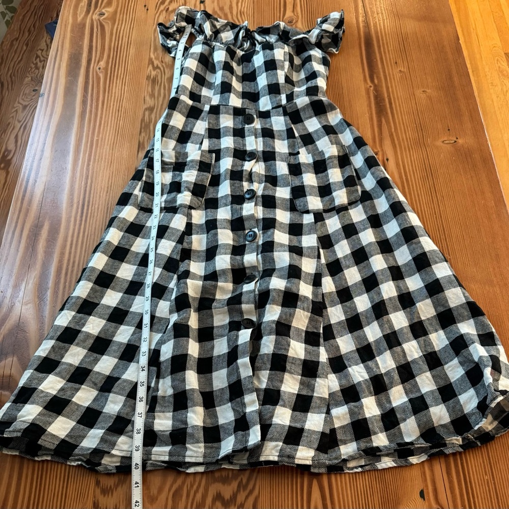 Reformation Hattie Linen Off-Shoulder Dress in Luke Check - Picture 13 of 13